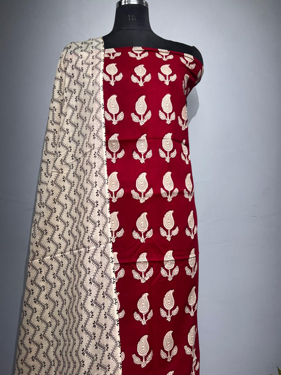 Pure Cotton Hand Block Print Unstitched Suit With Cotton Dupatta