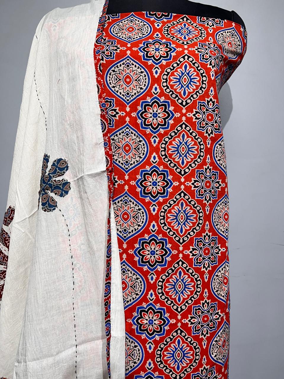 Pure Cotton Azrakh Print Unstitched suit With Dupatta.