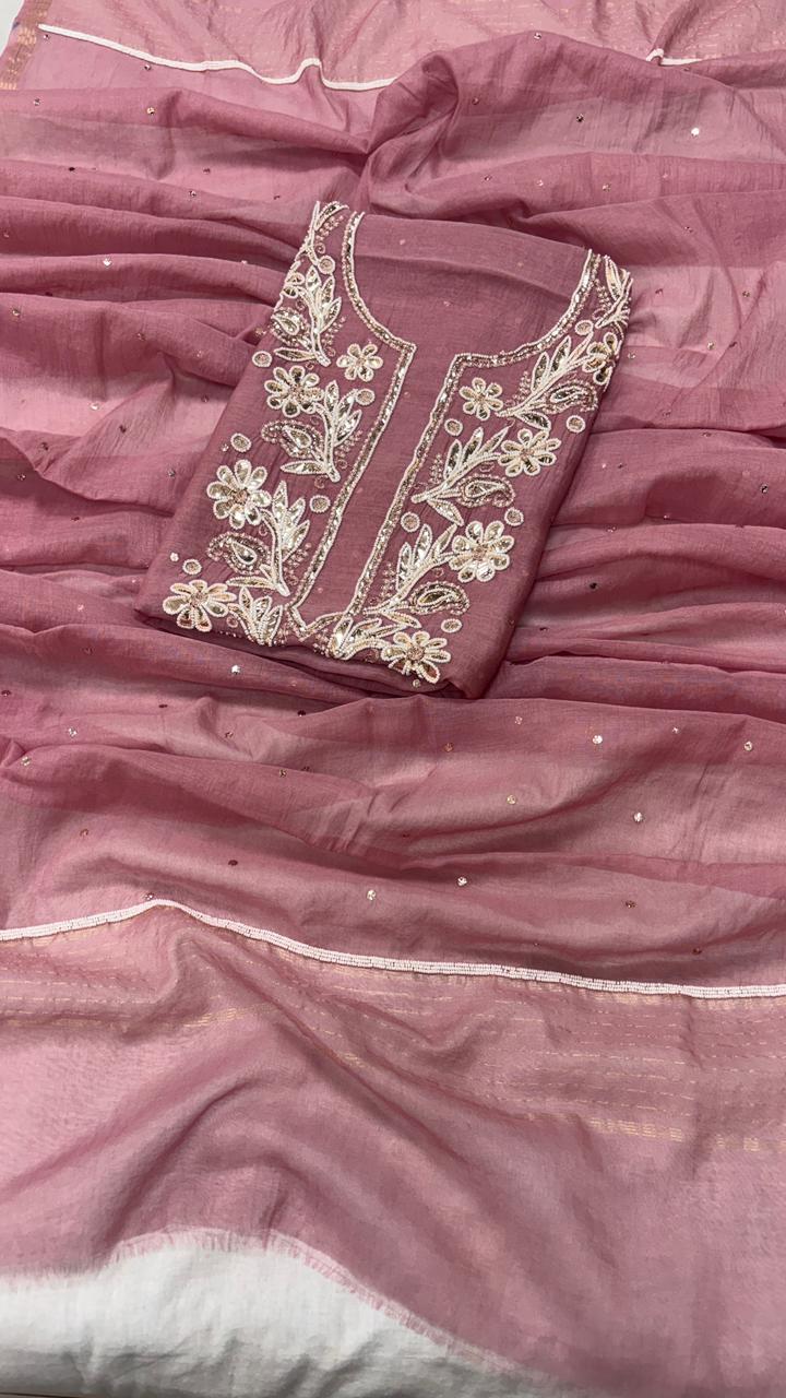 Pure Mul- Mul Chanderi Chakiankari Work Unstitched Suit with Cutdana work .
