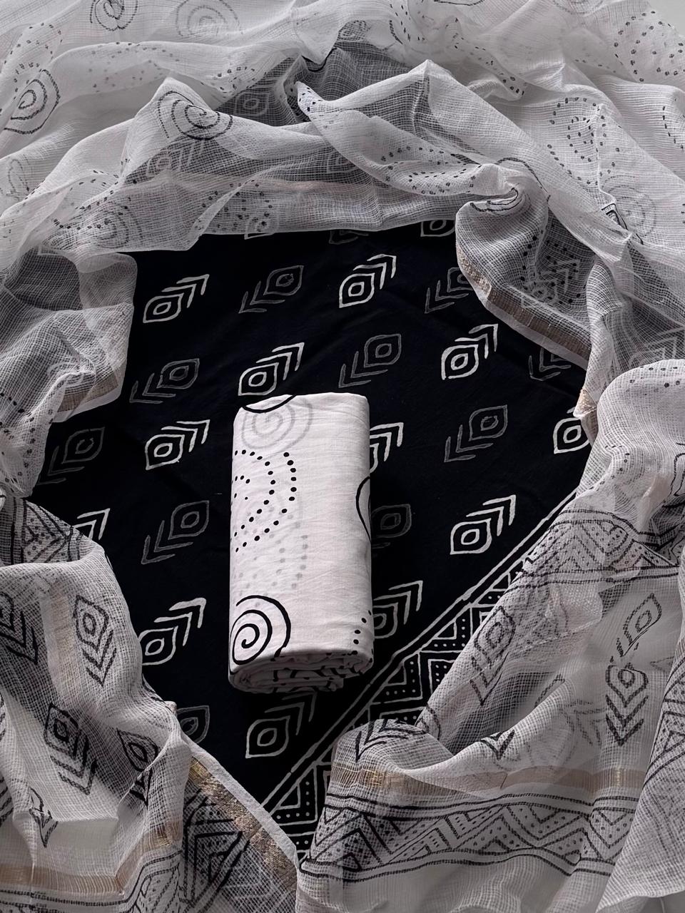 Pure Cotton Hand block print Unstitched Suit with Kota Dupatta