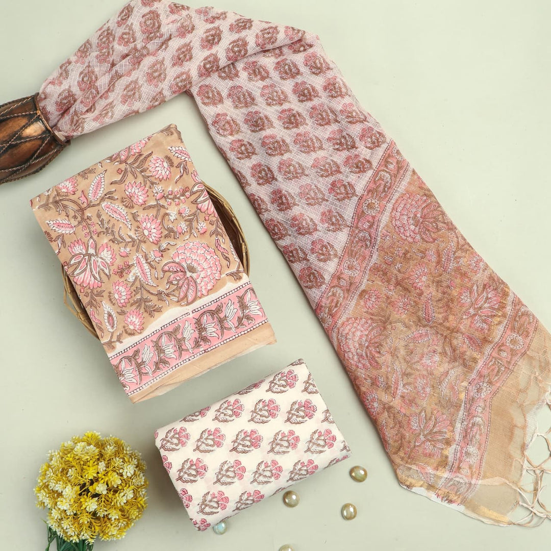 Pure Cotton Hand block print Unstitched Suit with Kota Dupatta .