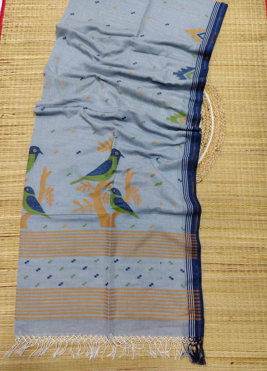 Pure Cotton Handloom Jamdani Bird Motif Saree With Blouse