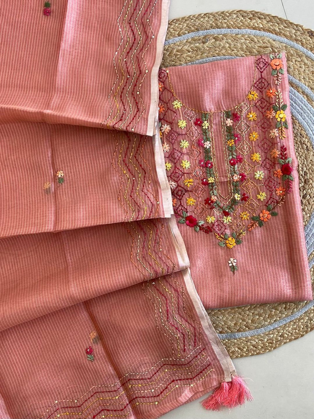 Pure Kota Doriya Silk Kurta And Dupatta With Neck Hand Work Emobroidery Unstitched Suit