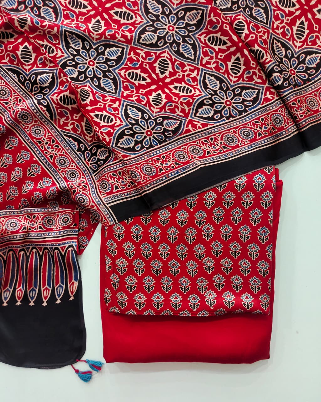 Pure Modal Silk Ajrakh Hand Block  3pc Unstitched Suit