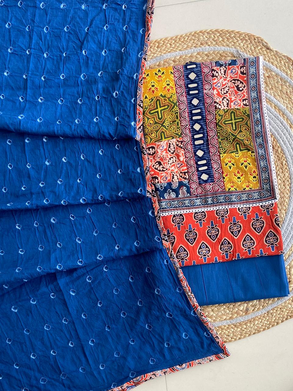 Pure Cotton Azrakh Print Unstitched Suit With Heavy Mirror Work