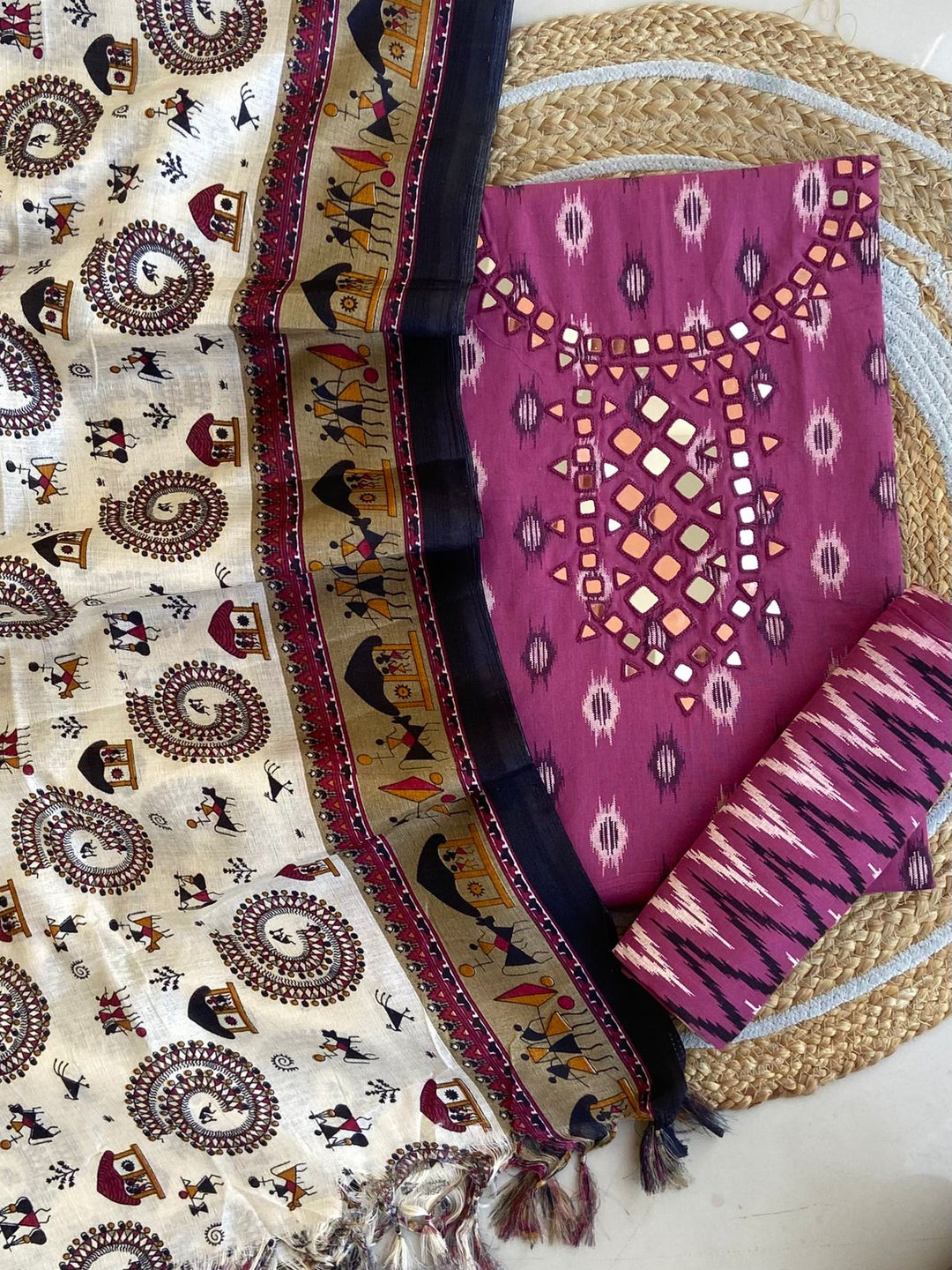 Pure Cotton Azrakh Print Unstitched Suit With Dola Silk Printed Dupatta