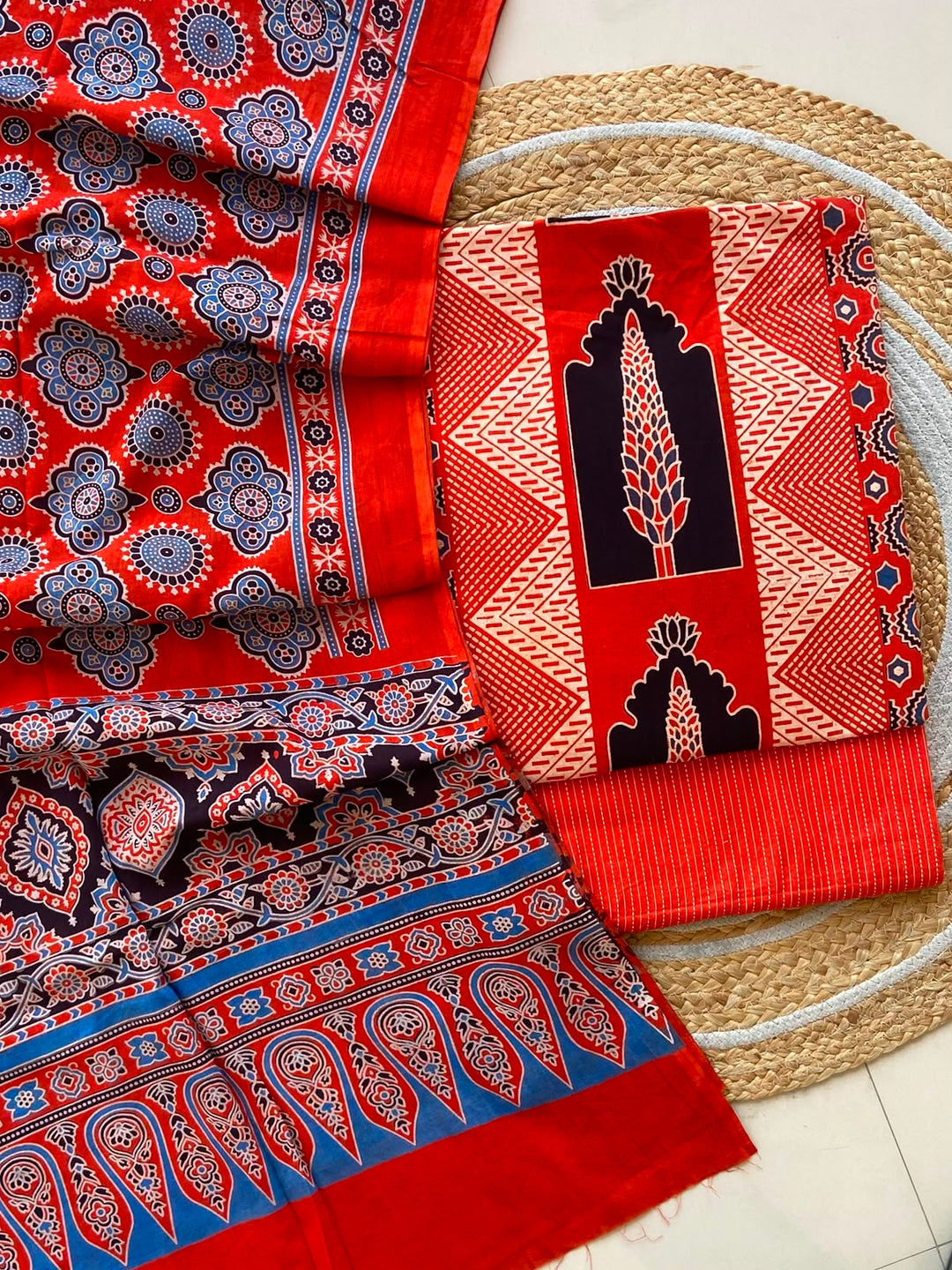 Pure Cotton Azrakh Print Unstitched Suit With  mul cotton  Duppatta