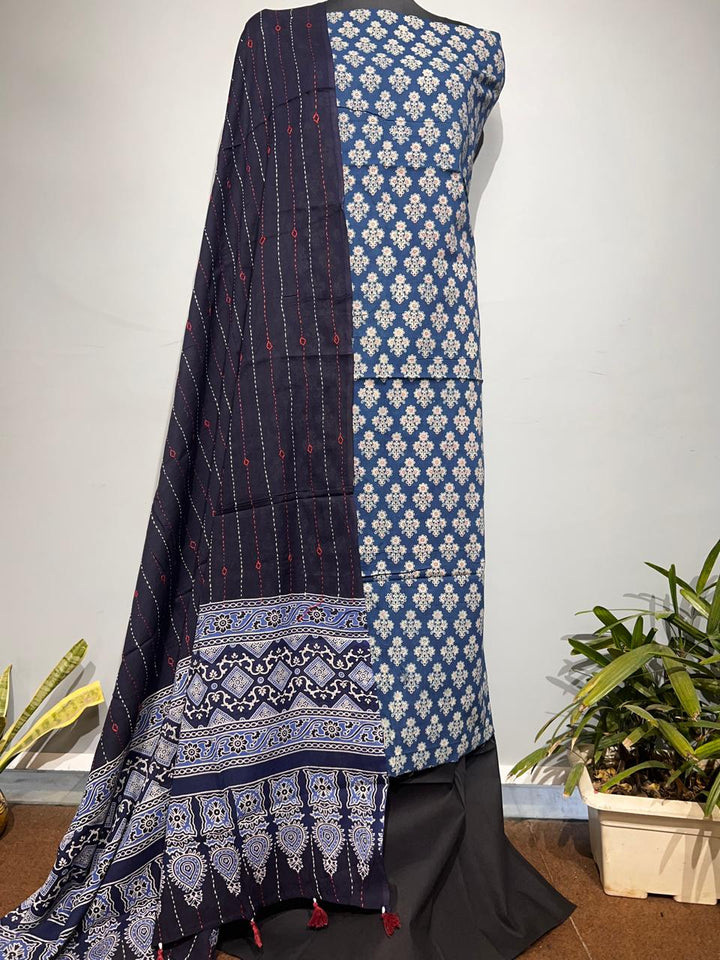 Pure Cotton Azrakh Print Unstitched suit With katha work Dupatta