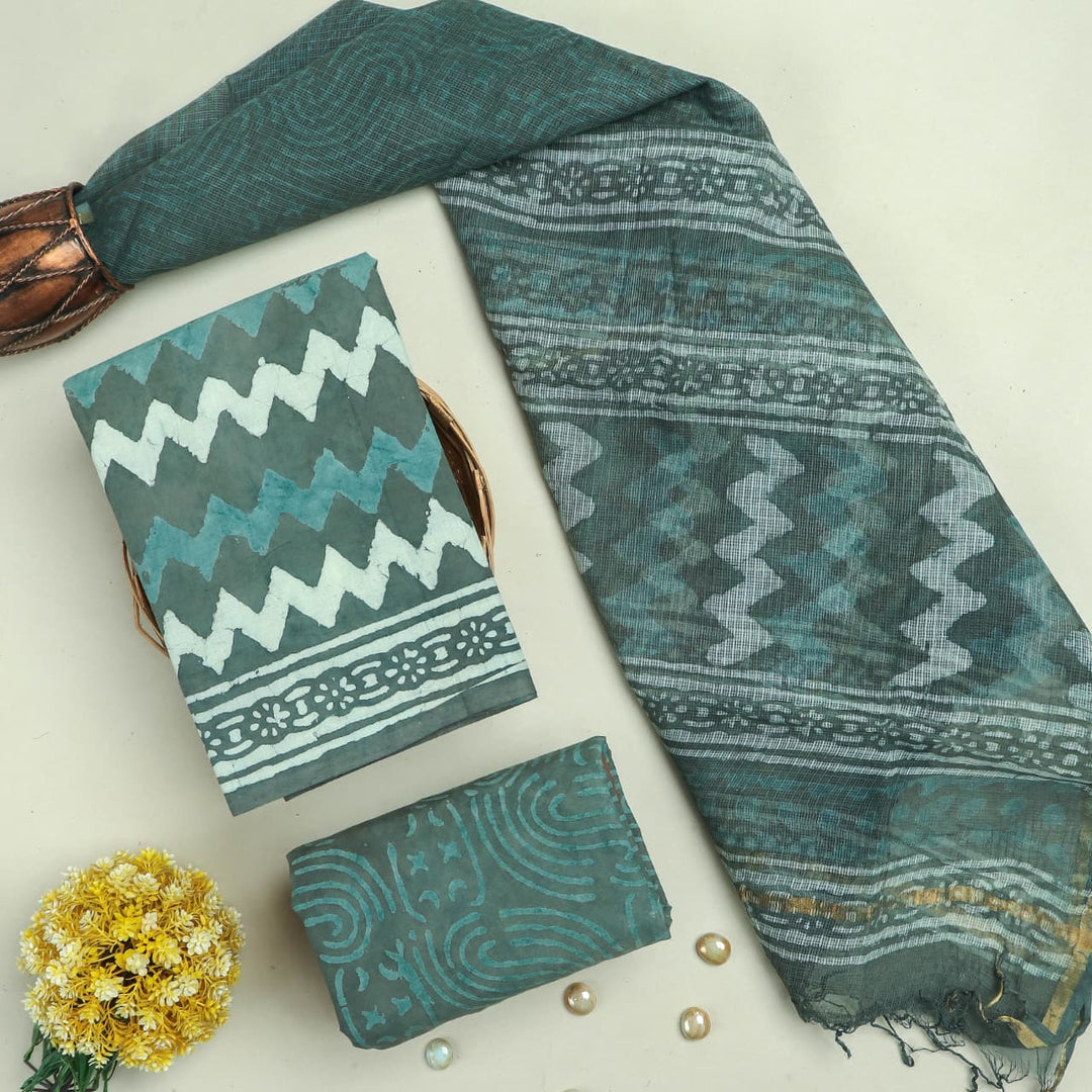 Pure Cotton Hand block print Unstitched Suit with Kota Dupatta .