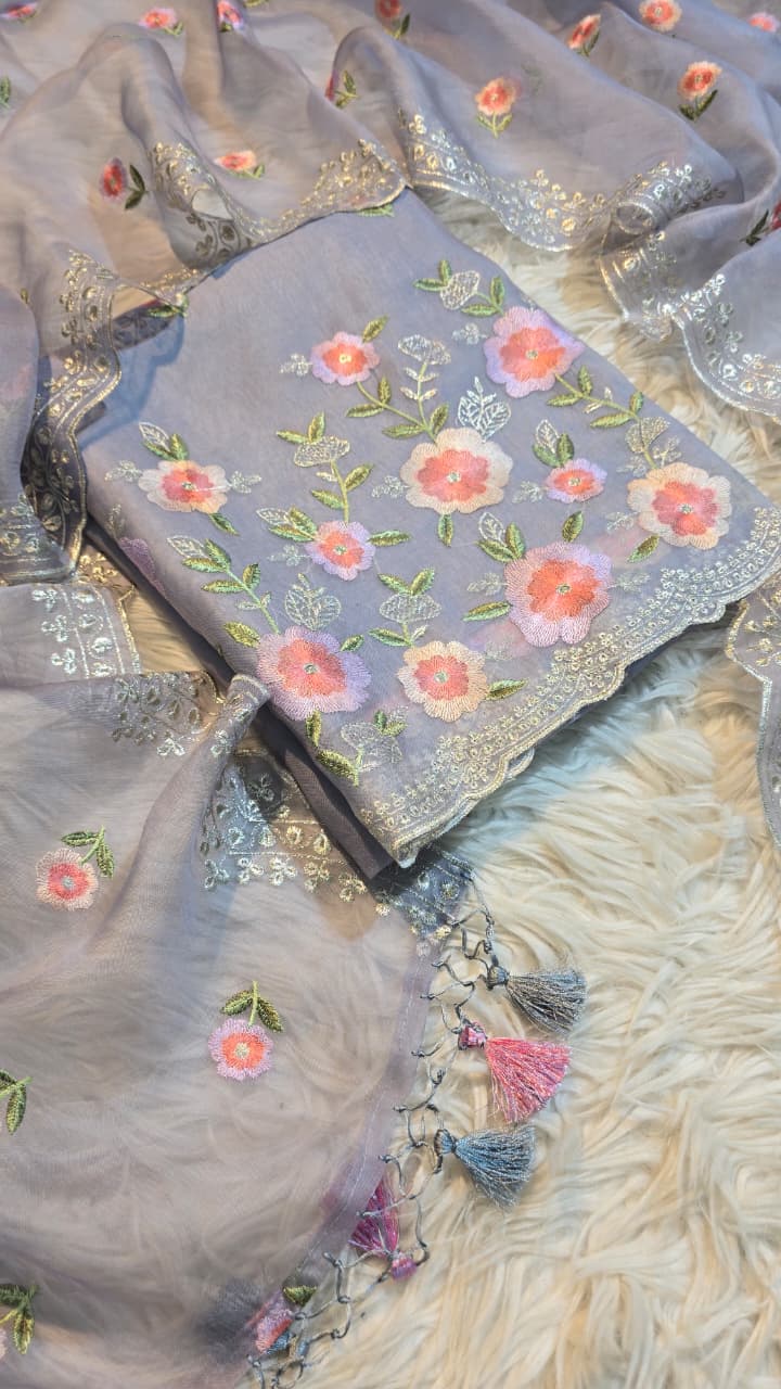 Pure Banarasi Organza Silk Embroidery Unstitched Suit.