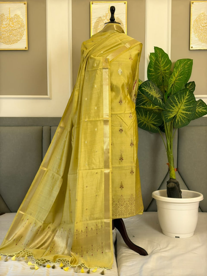 Pure Chiniya Silk Unstitched With Meena Buti Work and Chiniya Silk Dupatta