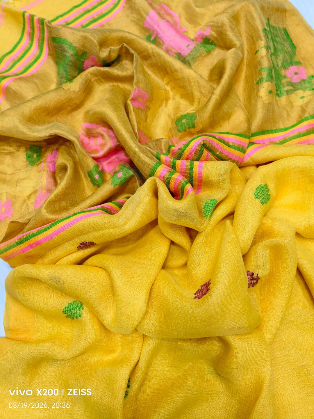 Pure Handloom Linen Jamdani Saree With Boluse.