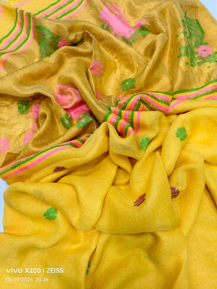 Pure Handloom Linen Jamdani Saree With Boluse.