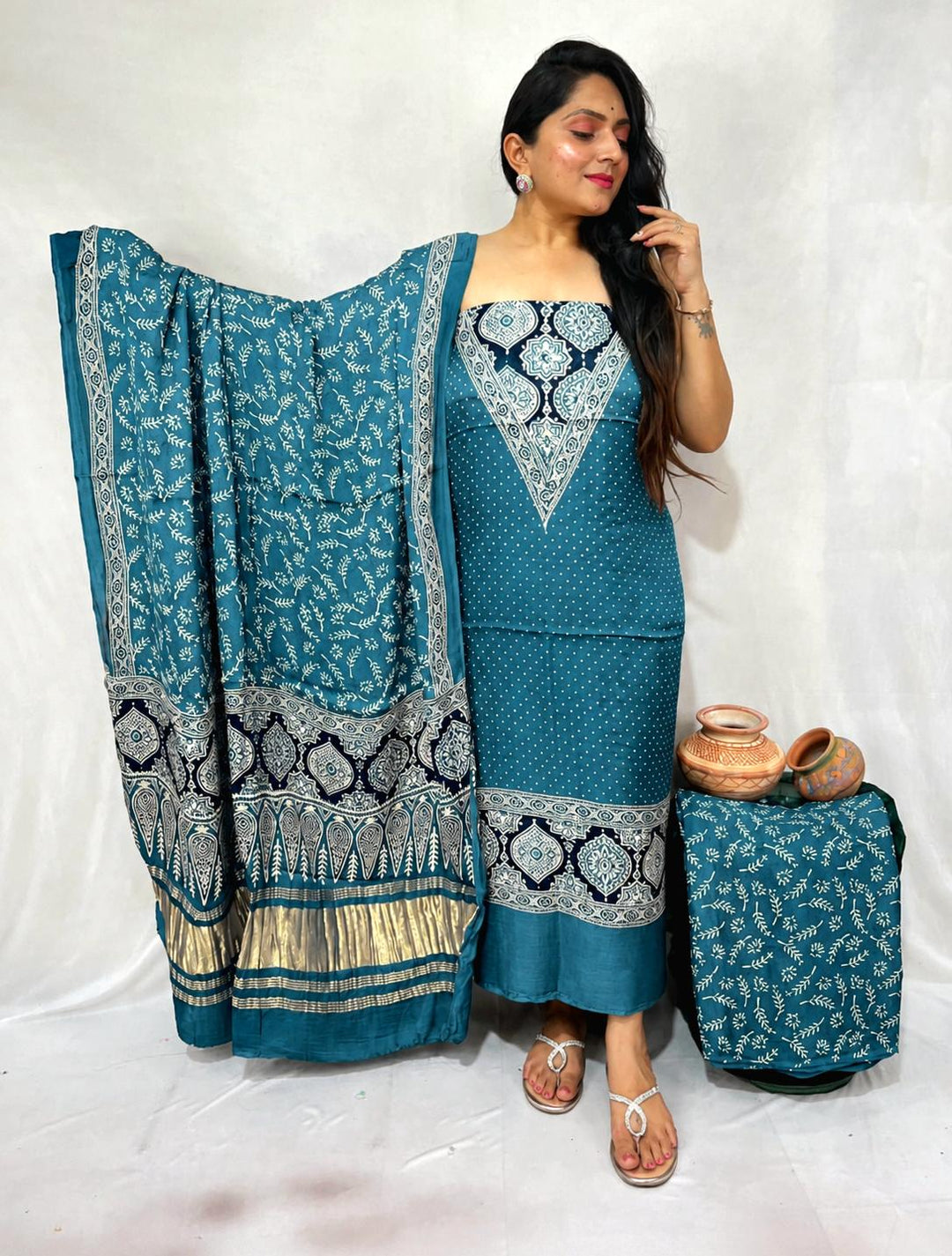 Pure Modal Silk Ajrakh Hand Block Zari Pallu Weaved 3pc Unstitched Suit