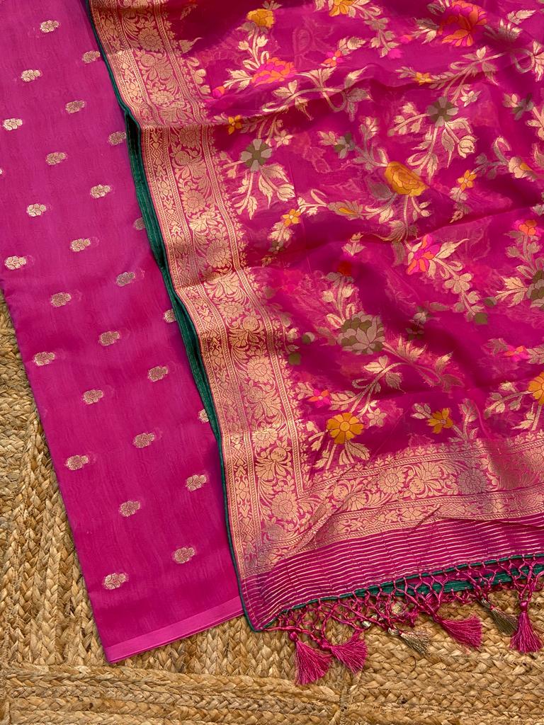 Pure Banarasi Chanderi Silk Buti Work Unstitched Suit With Banarasi Georgette Mina Work Dupatta.