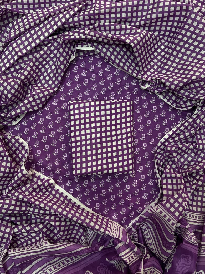 Pure Cotton Hand Block Print Unstitched Suit With Cotton Dupatta