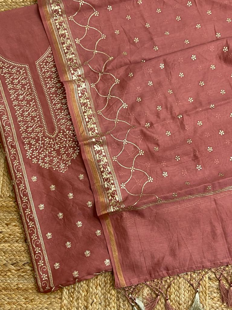 Pure Banarasi Resham Chanderi Silk Zari Embroidery Unstitched Suit.