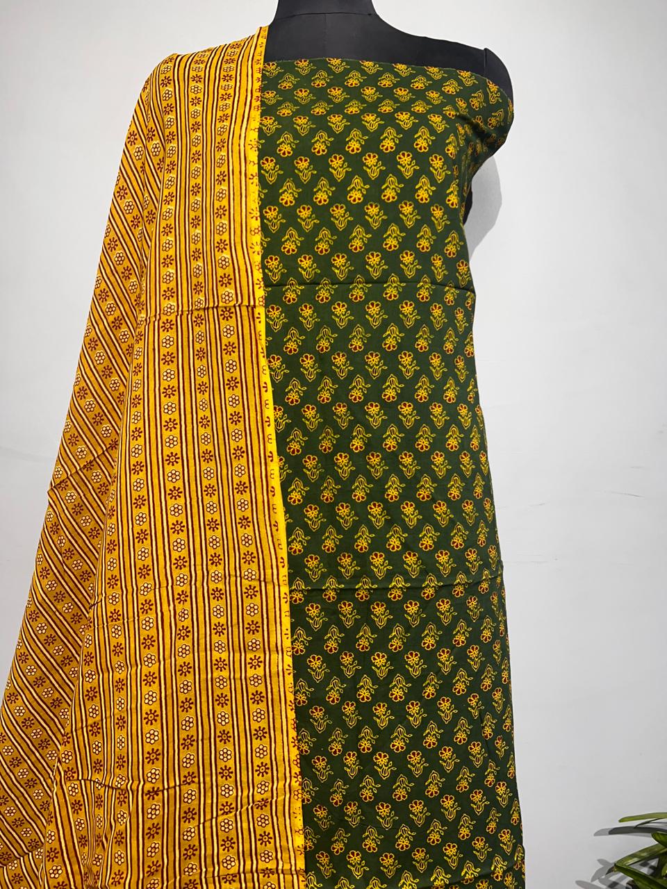 Pure Cotton Azrakh Print Unstitched suit With katha work Dupatta