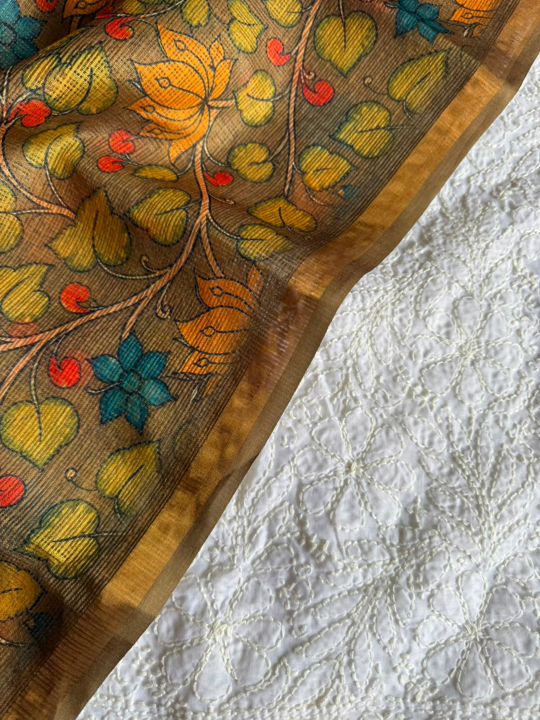 Pure Cotton Chikankari Hand Work Unstitched suit With Kalmkari Kota Doriya Dupatta.(without bottom)