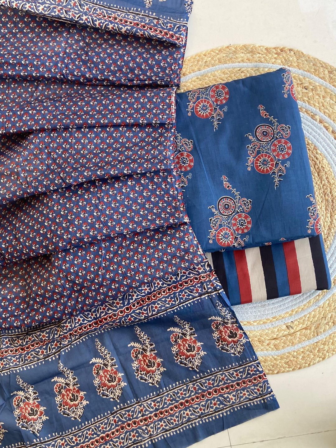 Pure Cotton Azrakh Print Unstitched Suit With  mul cotton  Duppatta