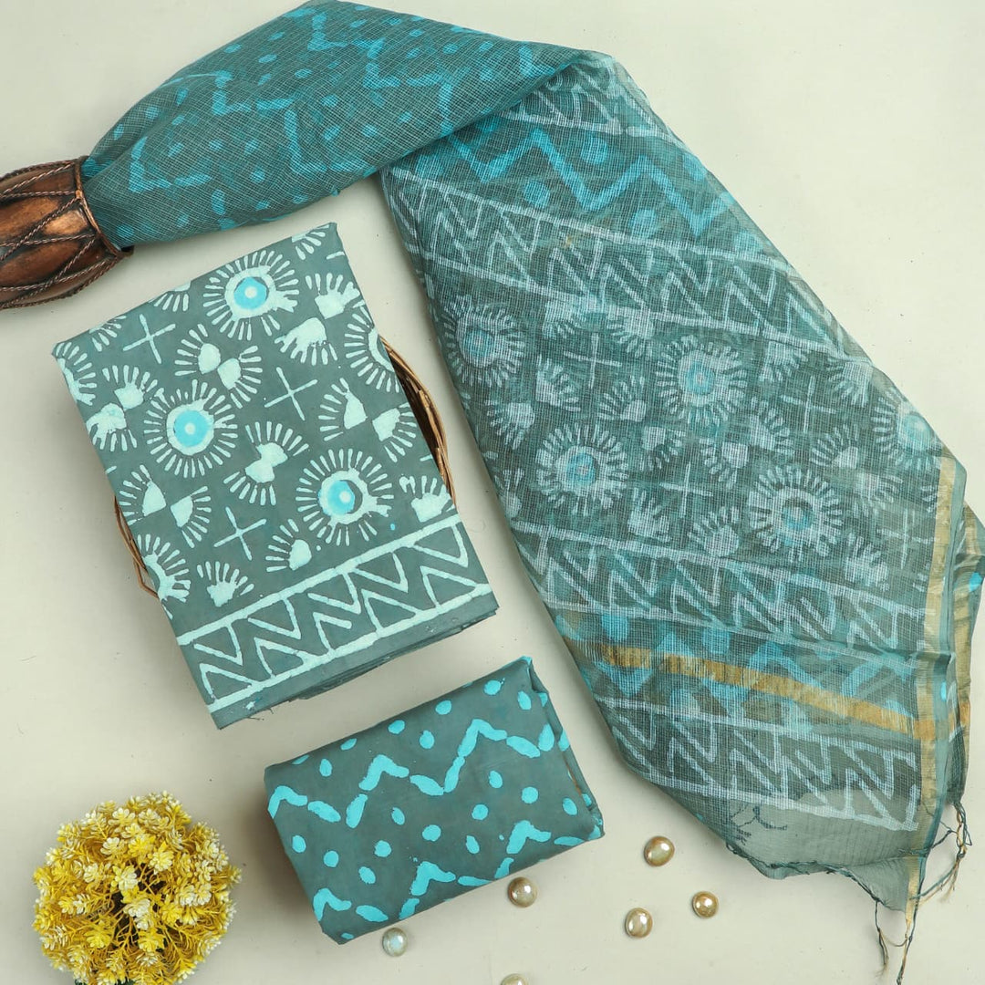 Pure Cotton Hand block print Unstitched Suit with Kota Dupatta .