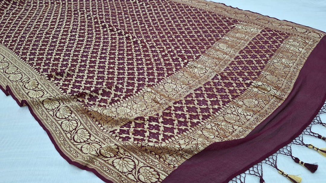 Pure Banarasi Handloom Khaddi Georgette Silk Dupatta With Bhandhej Print. ( Length-2.5 Meter )