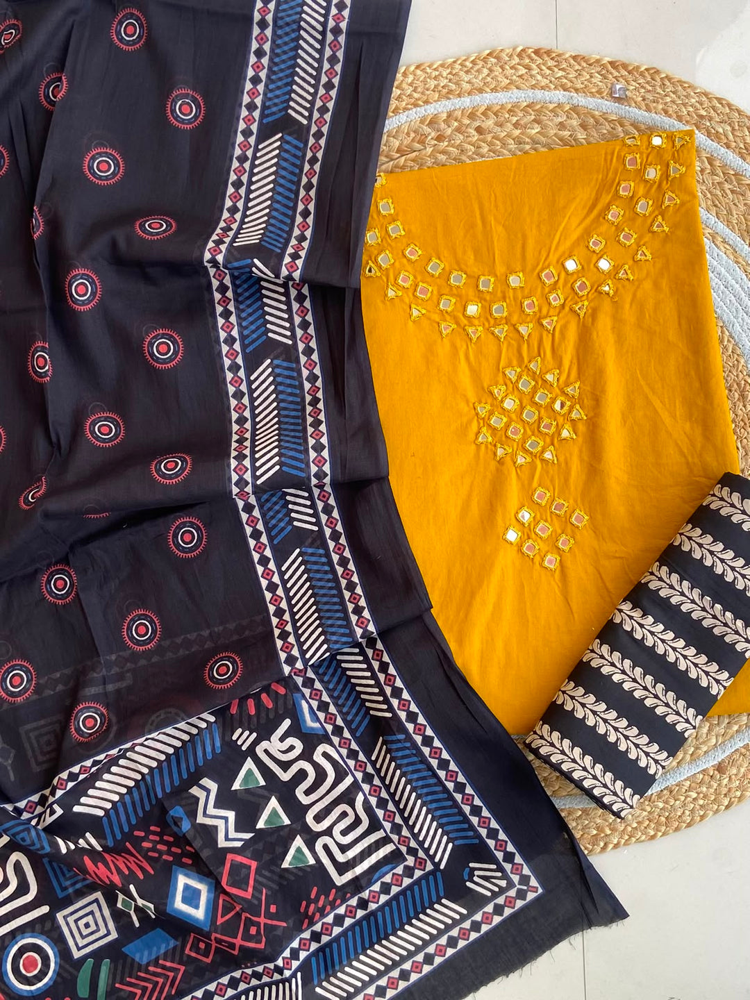 Pure Cotton Azrakh Print Unstitched Suit With heavy mirror work