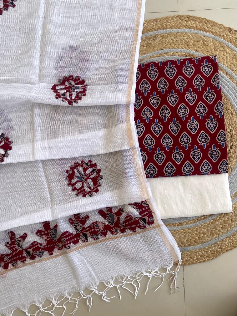 Azrakh Printed Top With Kota Doriya With Hand  Applique Work Dupatta