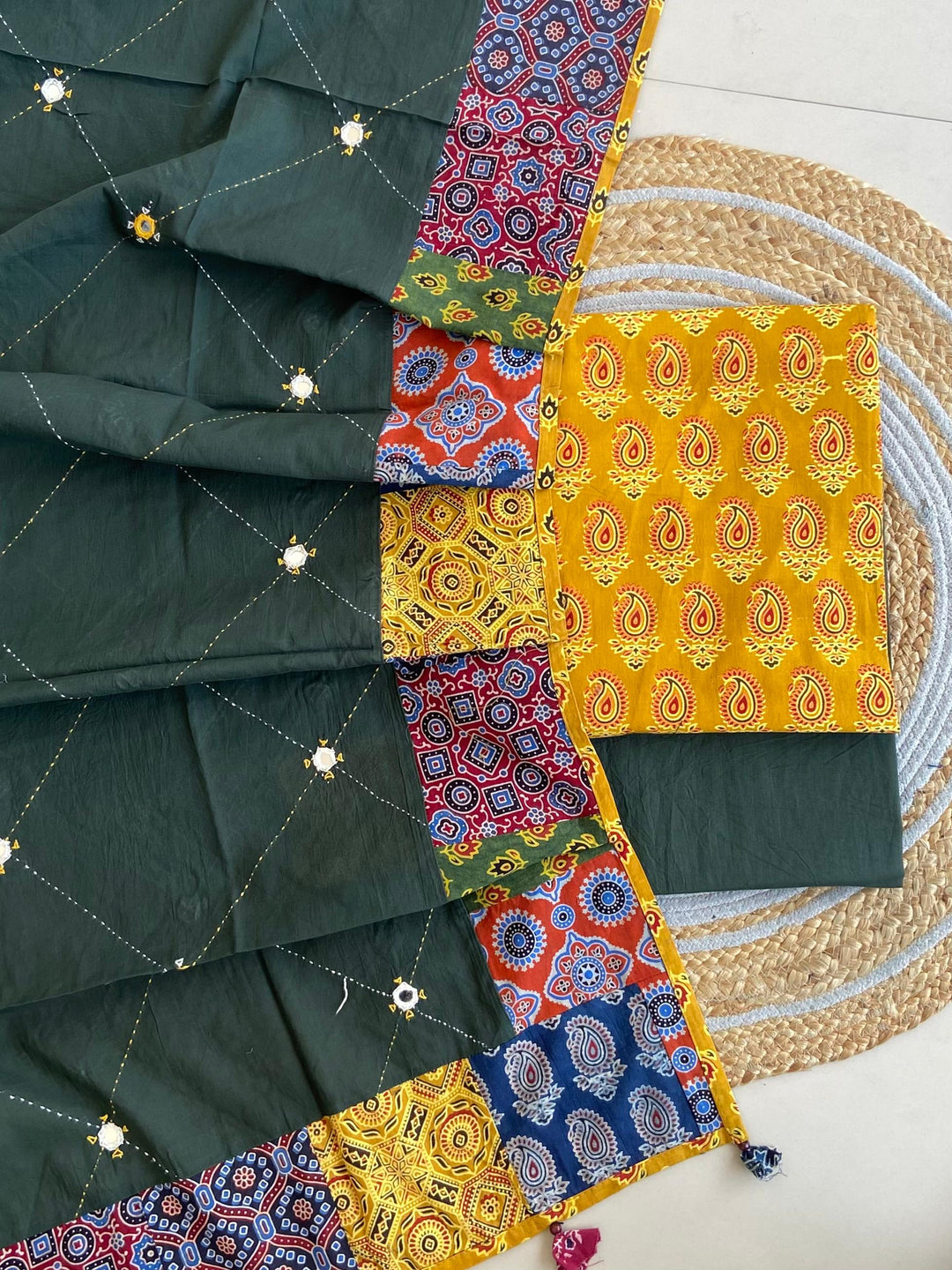 Pure Cotton Azrakh Print Unstitched Suit With Patch Work Dupatta