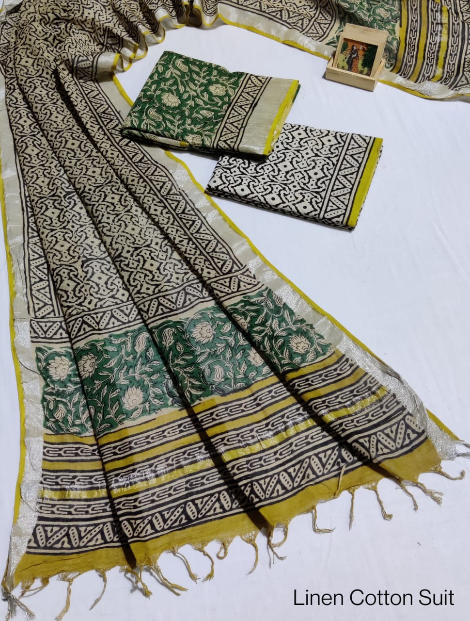 Hand Block Printed Linen Unstitched Suit .