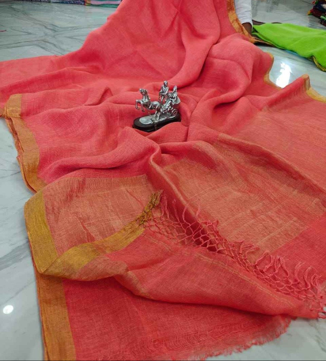 Premium Jayasree Linen Saree with Rich Golden Border & Running Blouse Piece