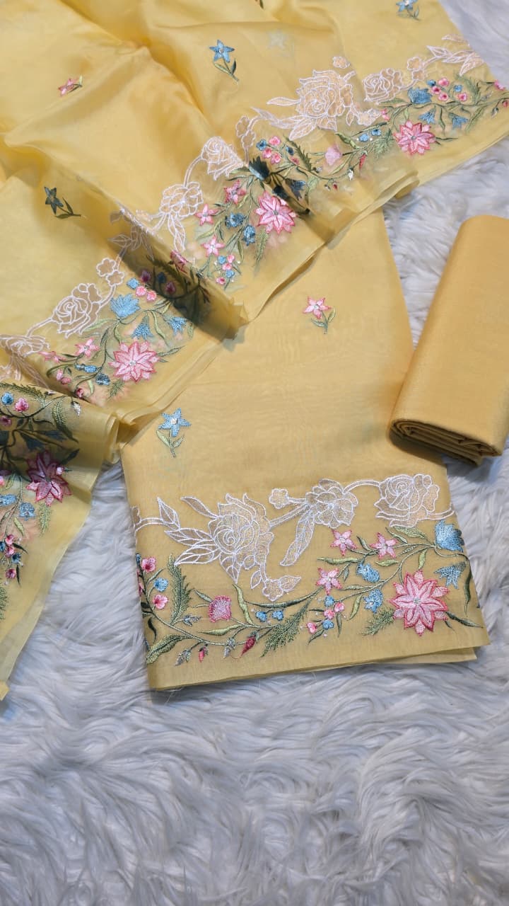 Pure Banarasi Organza Silk Applique Work Unstitched Suit.