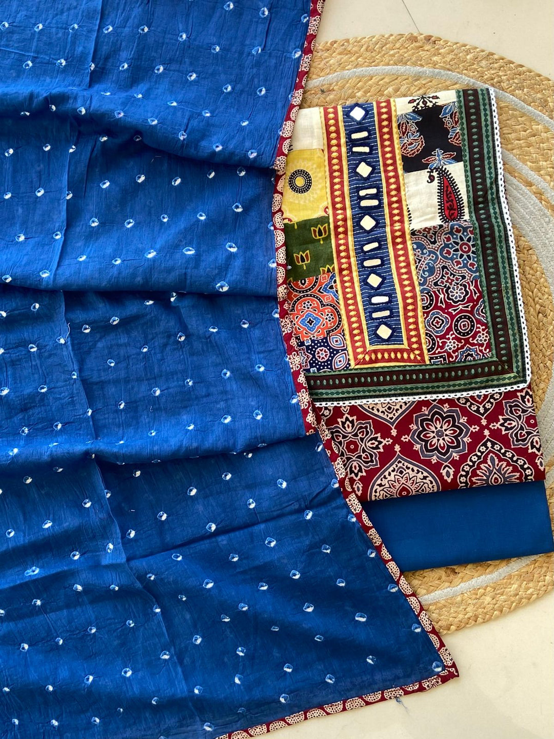 Pure Cotton Azrakh Print Unstitched Suit With Heavy Mirror Work