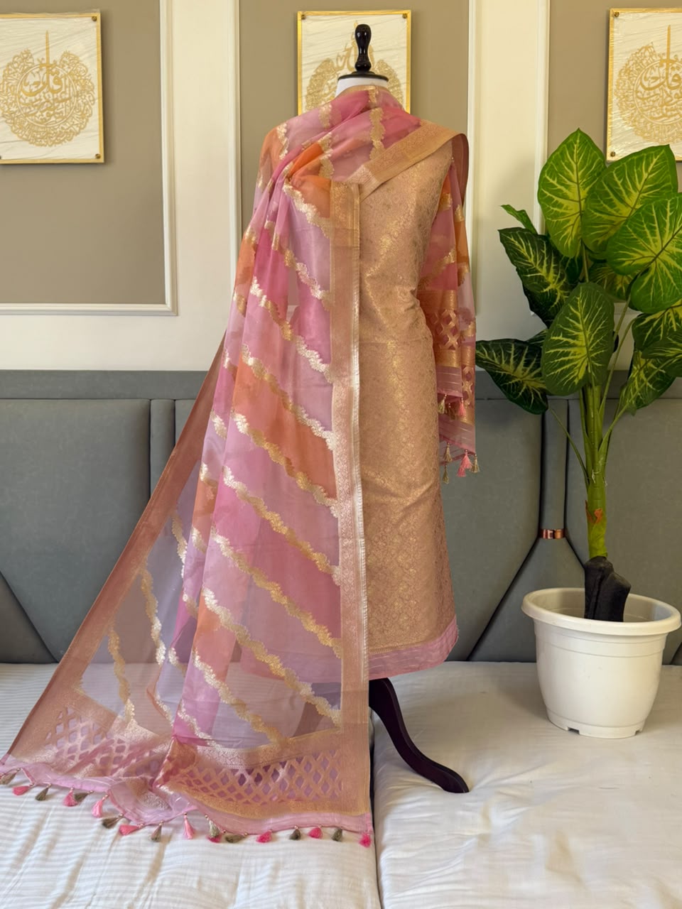 Pure Banarasi Brocade Zari work Unstitched Suit with Organza rangkat Dupatta
