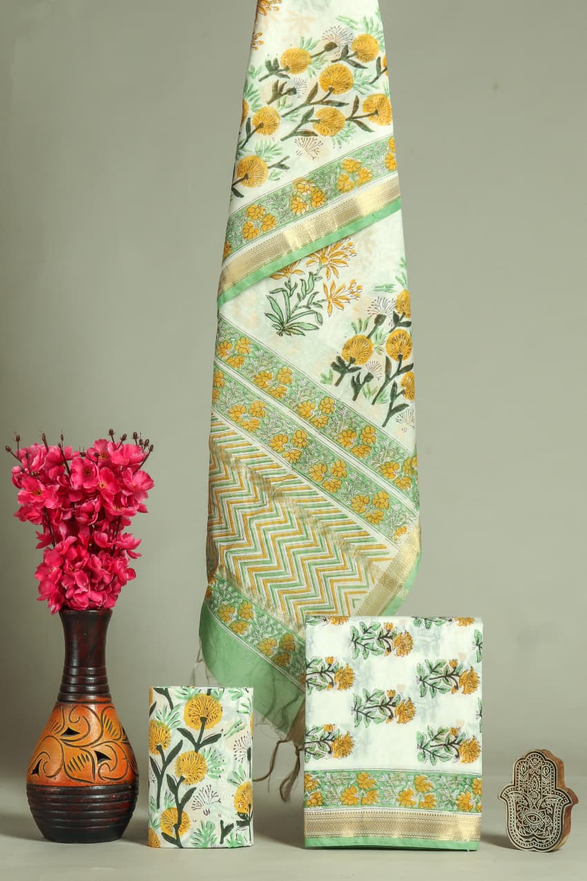 Pure Maheshwari Silk Hand block print Unstitched Suit.