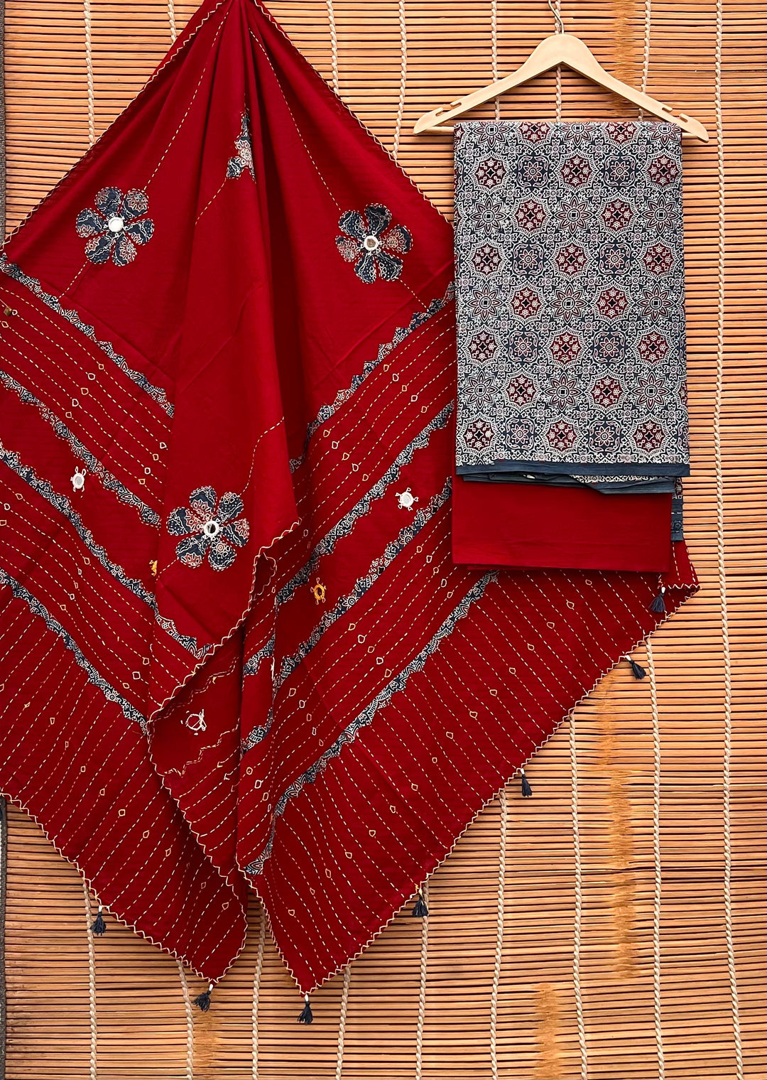 Pure Cotton Azrakh Print Unstitched suit With Azrakh Hand Petchwork ,kanth Work Dupatta.