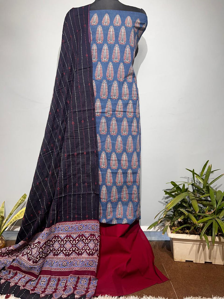 Pure Cotton Azrakh Print Unstitched suit With katha work Dupatta
