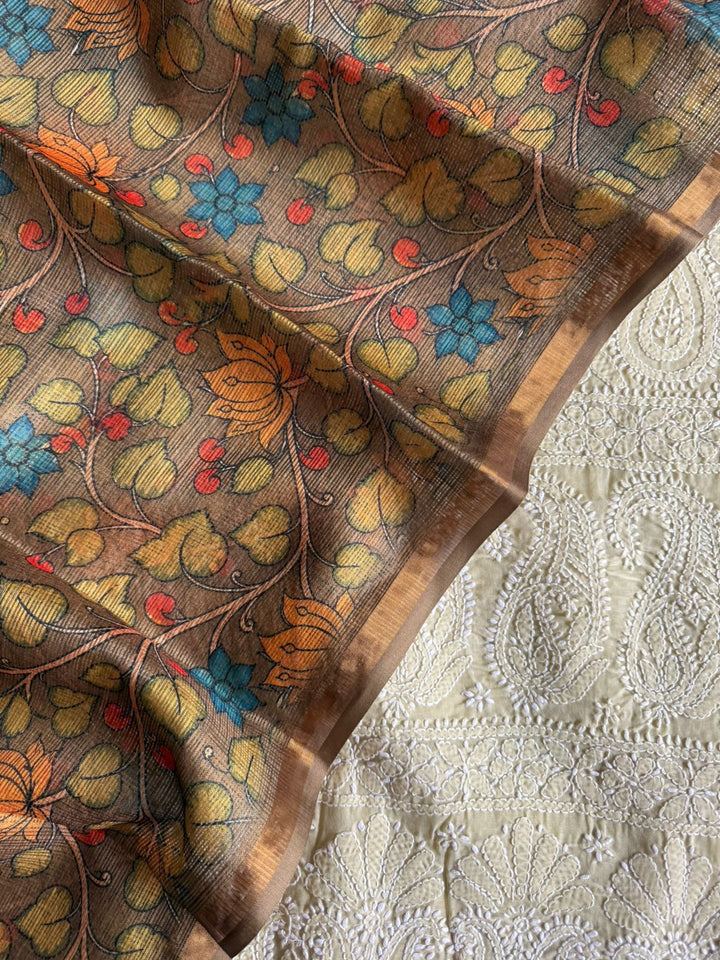 Pure Cotton Chikankari Hand Work Unstitched suit With Kalmkari Kota Doriya Dupatta.(without bottom)