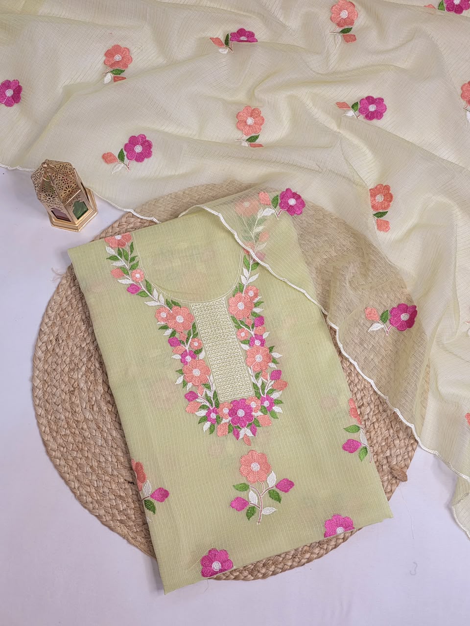 Exclusive Pure Kota Cotton Unstitched Suit With Embroidery Work