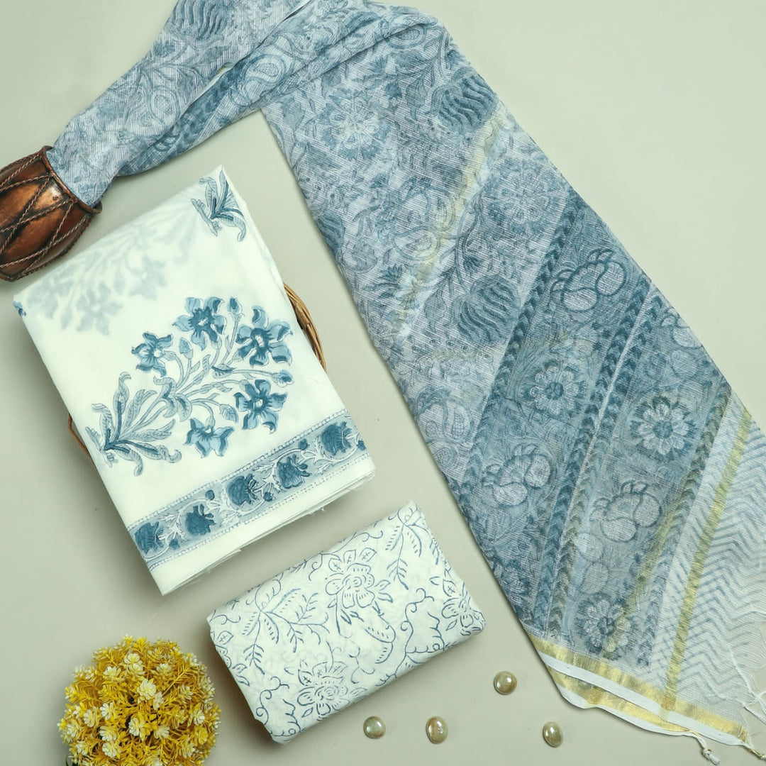 Pure Cotton Hand block print Unstitched Suit with Kota Dupatta .