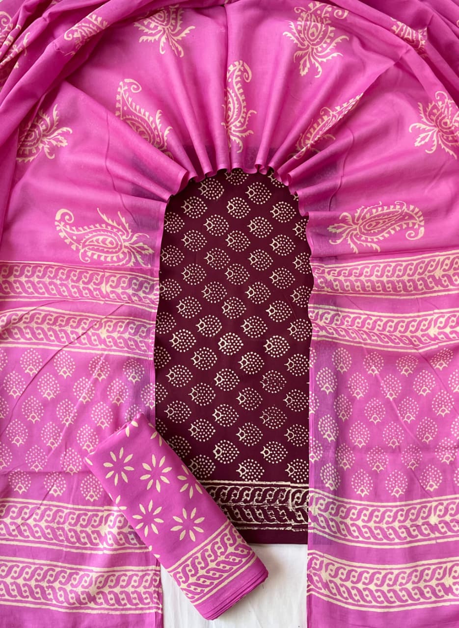 Pure Cotton Hand Block Print Unstitched Suit With Cotton Dupatta
