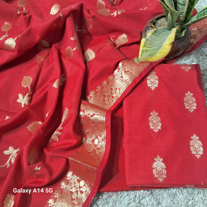 Pure Banarasi chanderi silk zari wark unstiched suit.