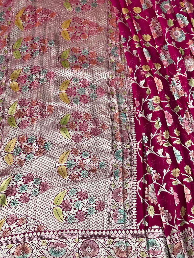 Pure Banaresi Khaddi Georgette Heavy Jaal Weaved Saree . ( Length- 6.3 Meter )