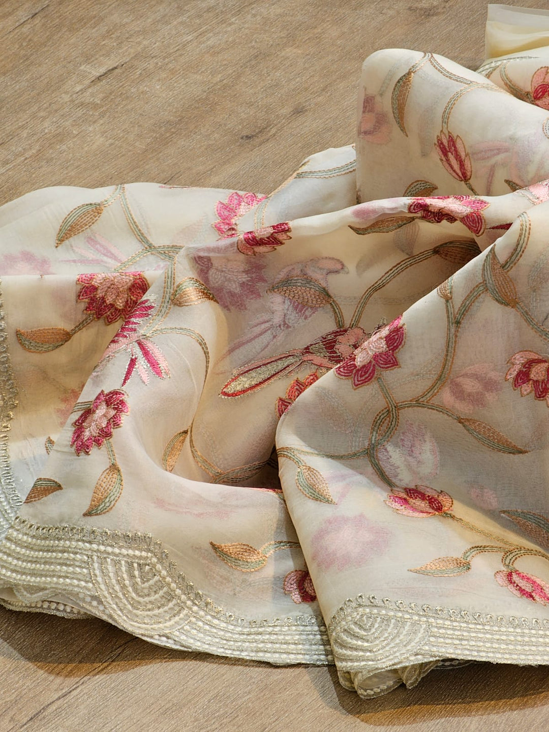 Pure Organza Silk Embroidery work Saree. with cut work border.