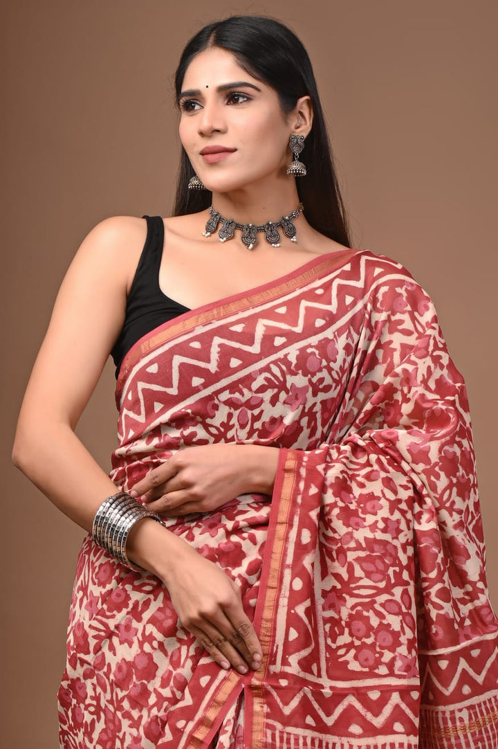 Hand Block Print Pure Chanderi Saree With Blouse .