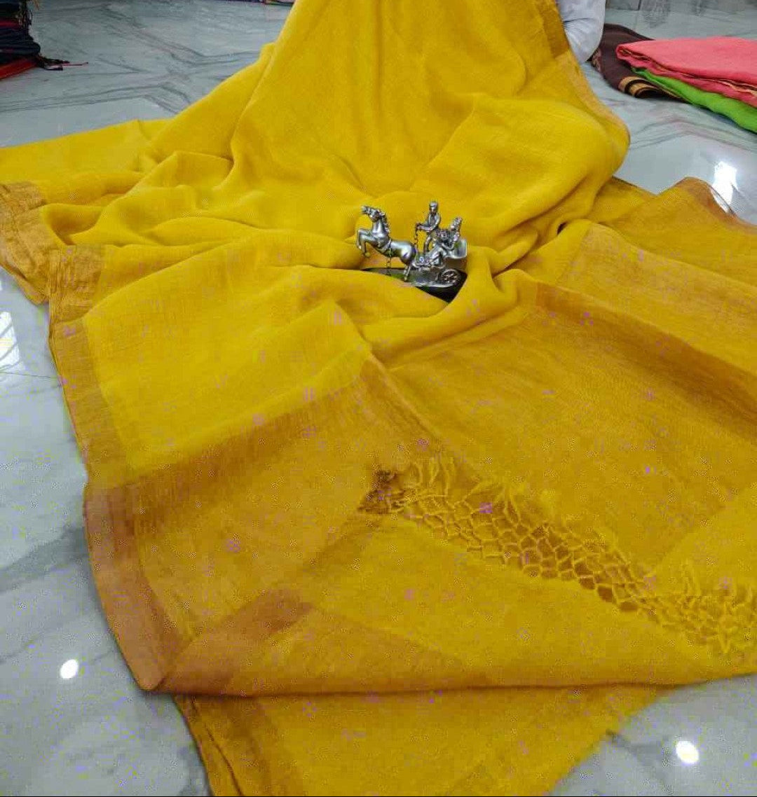 Premium Jayasree Linen Saree with Rich Golden Border & Running Blouse Piece
