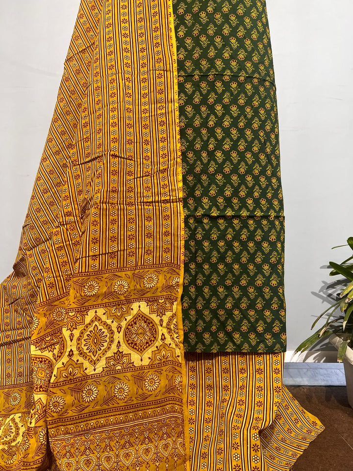 Pure Cotton Azrakh Print Unstitched suit With katha work Dupatta