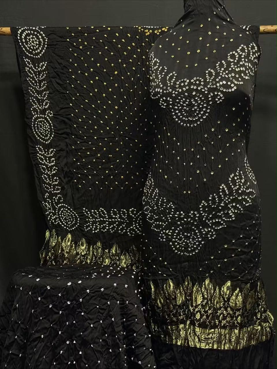 Premium Pure Modal Silk Rayi Bandhej 3-Piece Suit with Heavy Tissue Pallu Dupatta
