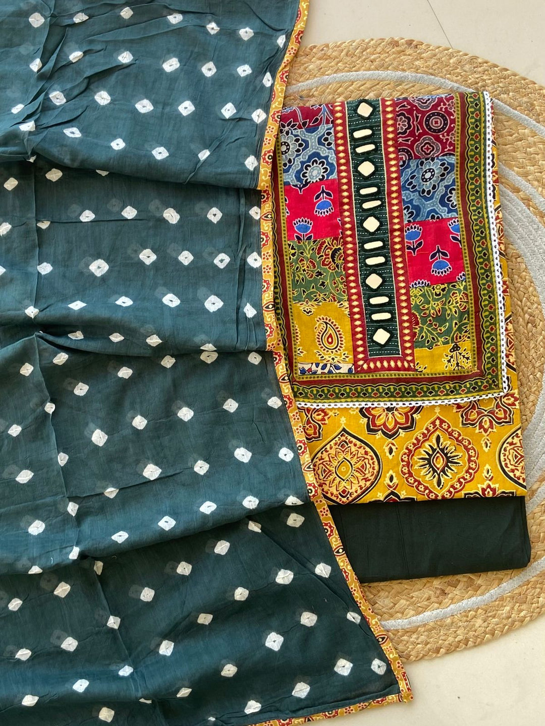 Pure Cotton Azrakh Print Unstitched Suit With Heavy Mirror Work