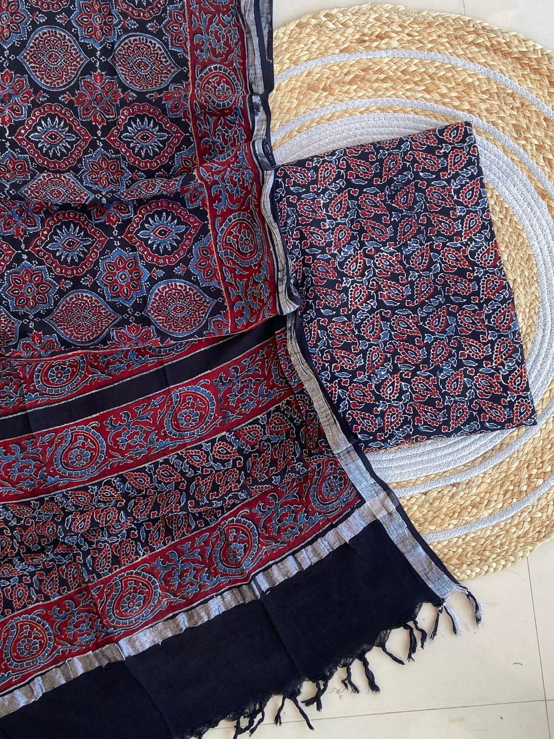 Exclusive Azrakh Hand block Pure Cotton Linen 2-Piece Unstitched Suit  With Dupatta
